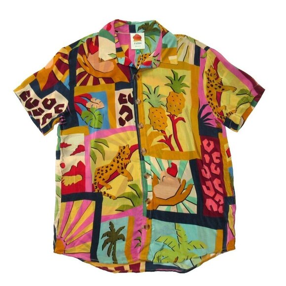 NWT Farm Rio Pajama Shirt in Tropical Collage Silky Viscose Blouse XS $140 - Picture 1 of 5